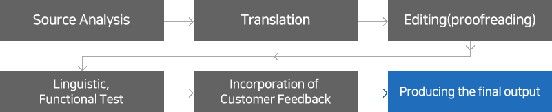 Source Analysis→Translation→Editing(proofreading)→Linguistic,Functional Test→Incorporation of Customer Feedback→Producing the final output